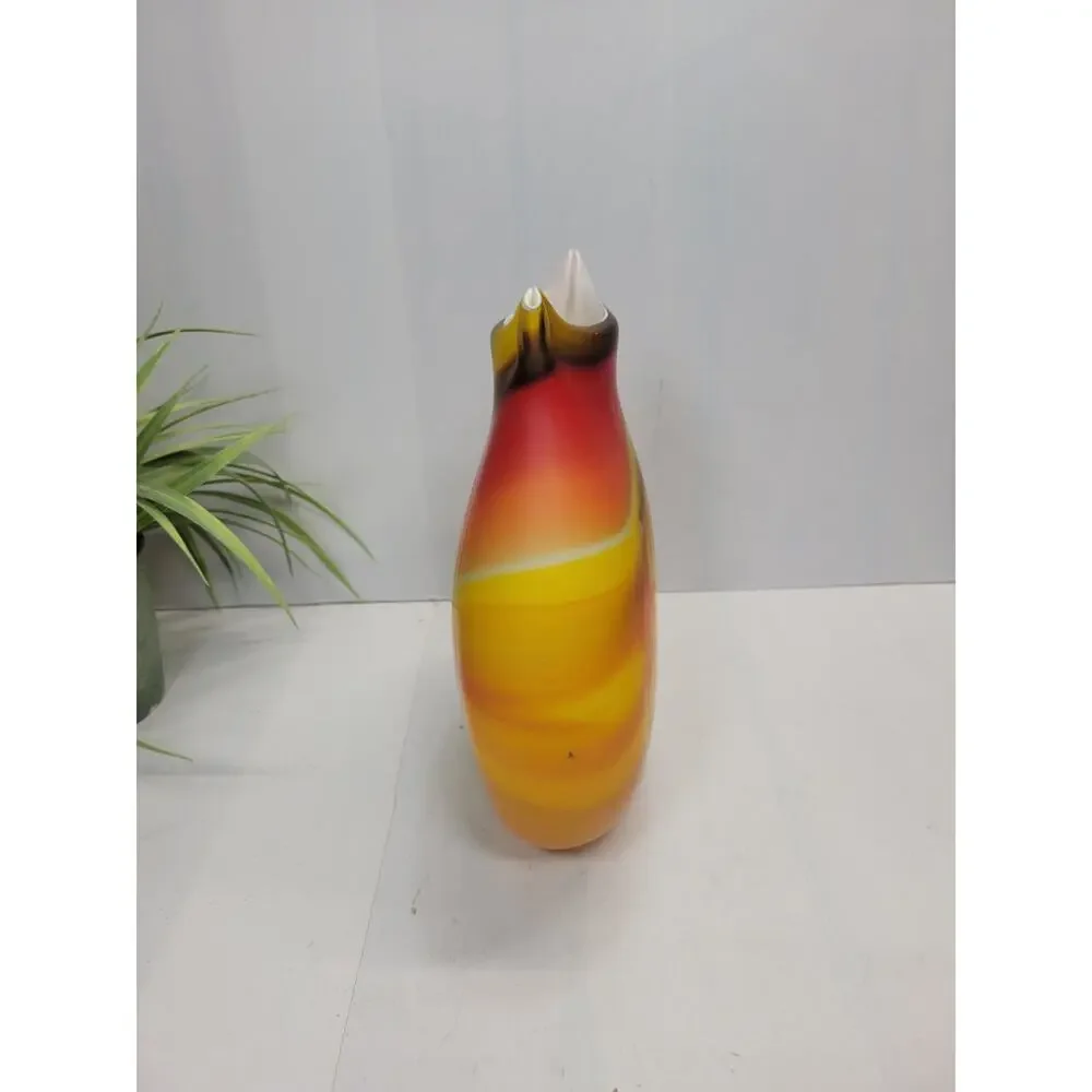Vintage Azerbaijan Art Glass Vase, Yellow Red Orange Satin Swirl, Baijan glass - Picture 2 of 5